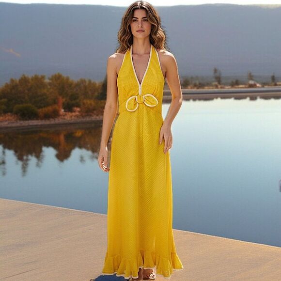 Vtg Maxi Dress Sz XS/S Hostess Halter Yellow White Polka Dot Sheer Overlay 70s - Picture 15 of 16